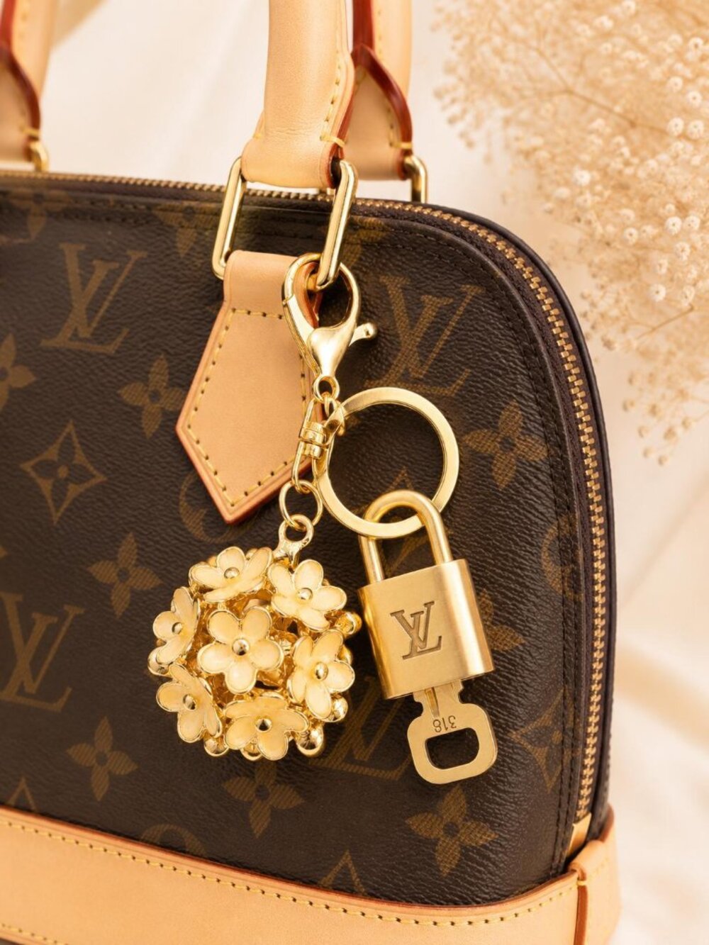LV Gold Padlock 🔑 Authentic Louis Vuitton Charm + Unbranded Flower Keychain